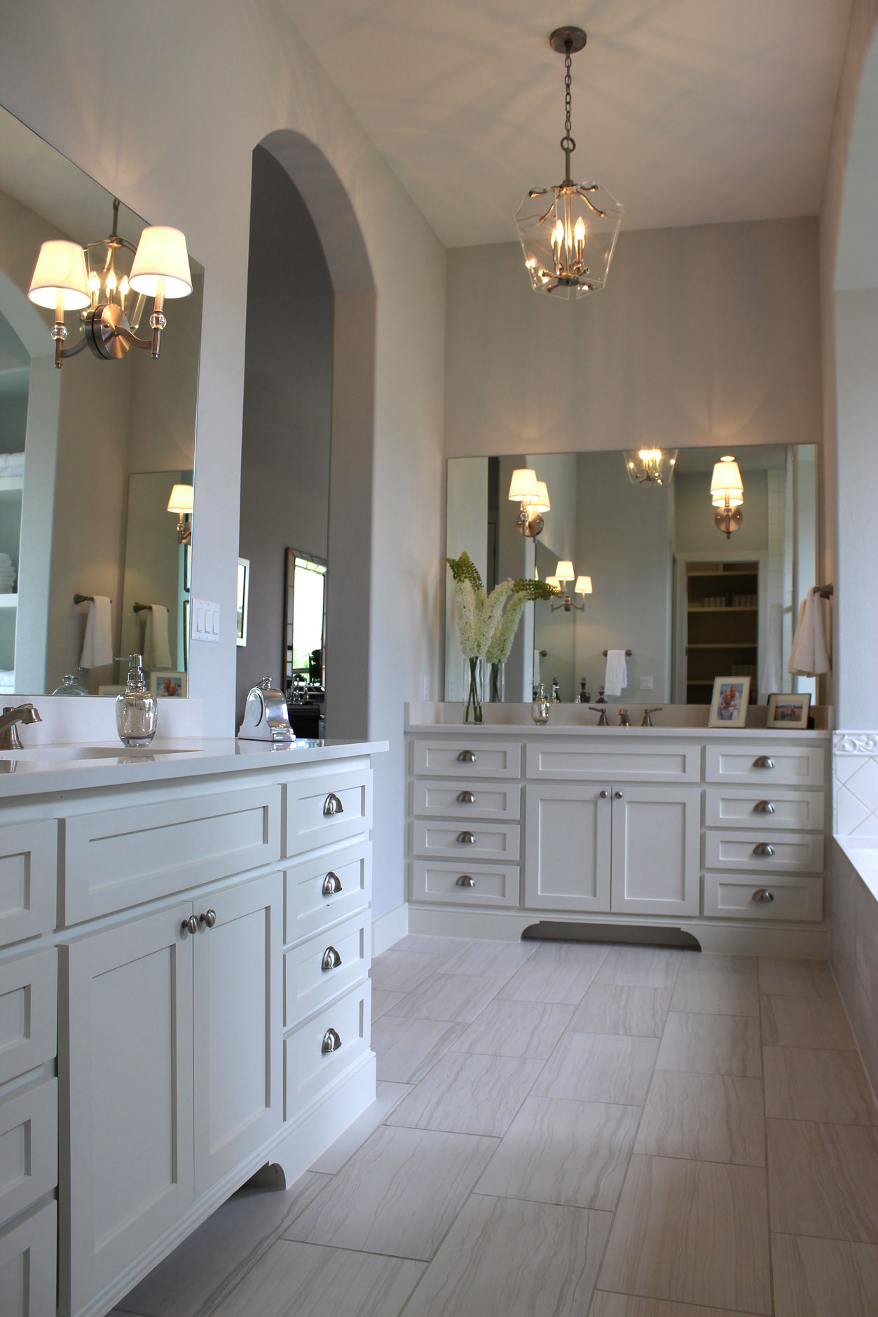 Primary bath white cabinets Shaker doors