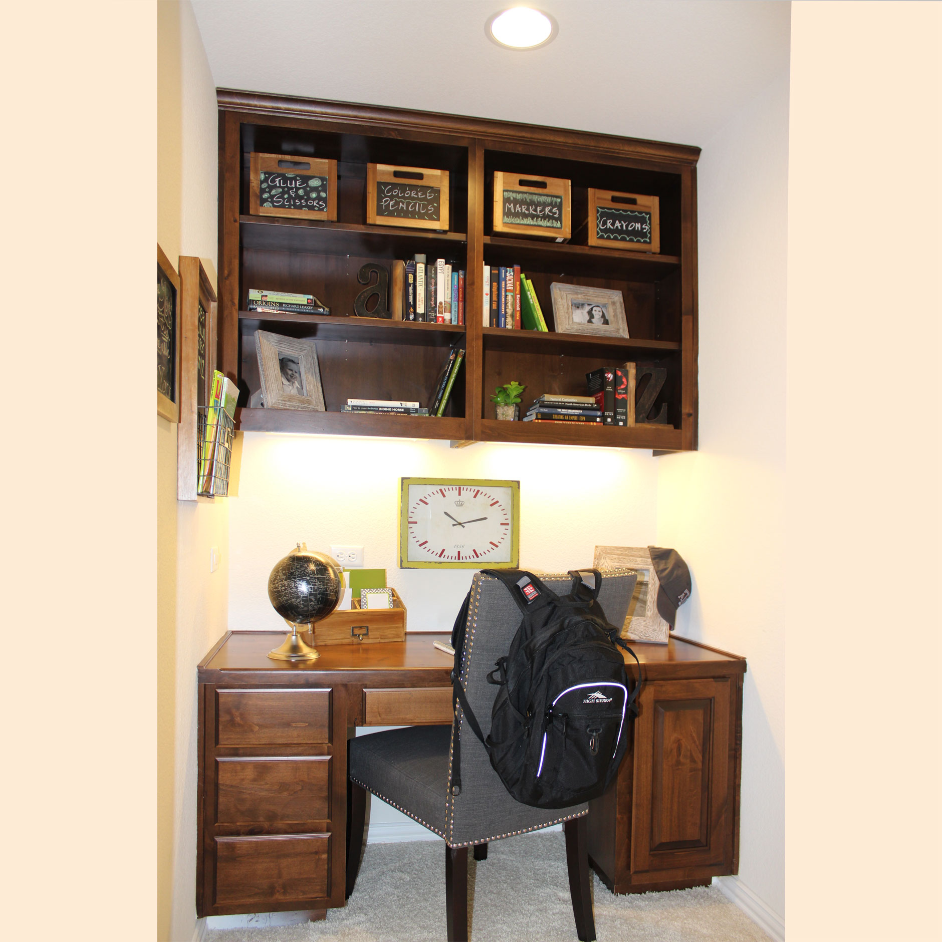 Burrows Cabinets' built in desk with open bookshelf upper cabinet in knotty alder