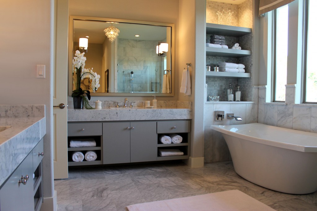 Burrows Cabinets modern gray bathroom vanity cabinets with SoCo doors