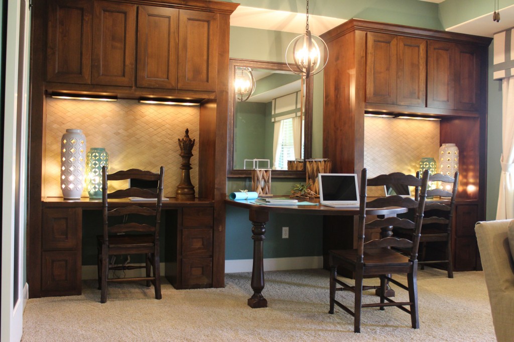 Burrows Cabinets' loft with 3 built in desks and Terrazzo doors
