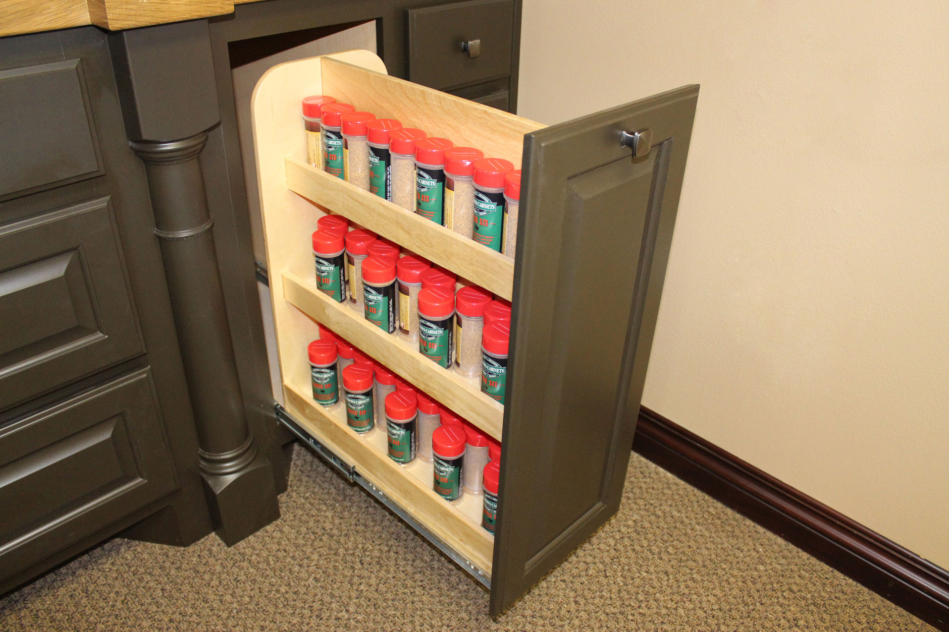 Spice rack pull out cabinet shelf