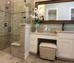 Burrows Cabinets white master bath cabinets in Camley style