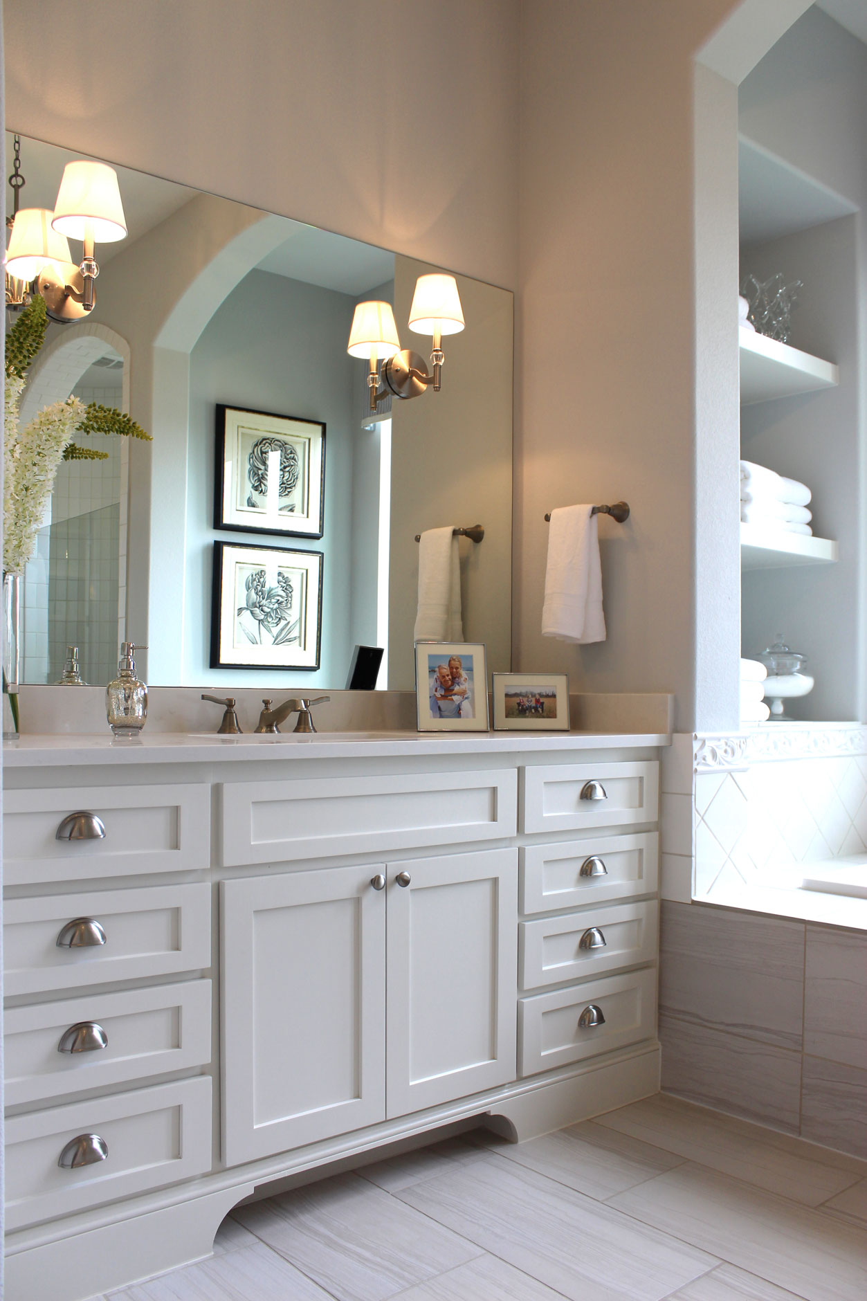 White shaker style master bath cabinets