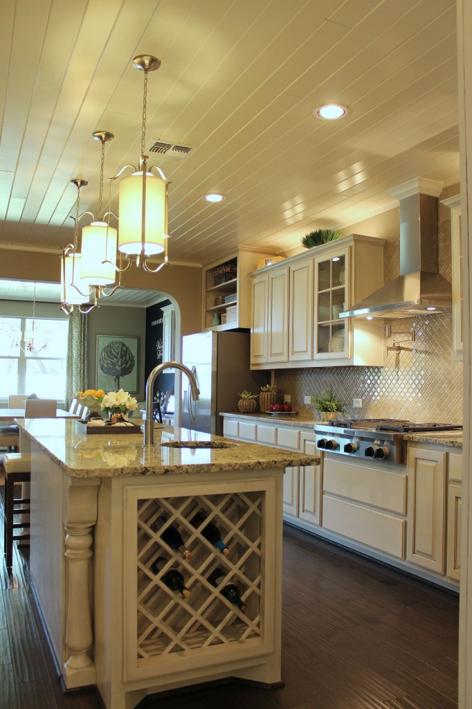 kitchen with island wine rack in bone with black glaze