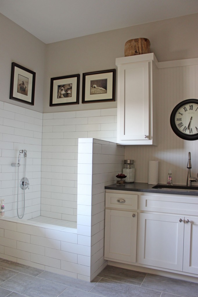 Burrows Cabinets white painted laundry room cabinets with tiled dog shower