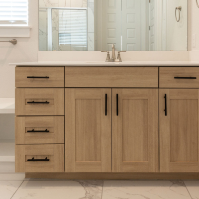 EVRGRN Biscay rift white oak grain bathroom vanity with 5-piece doors