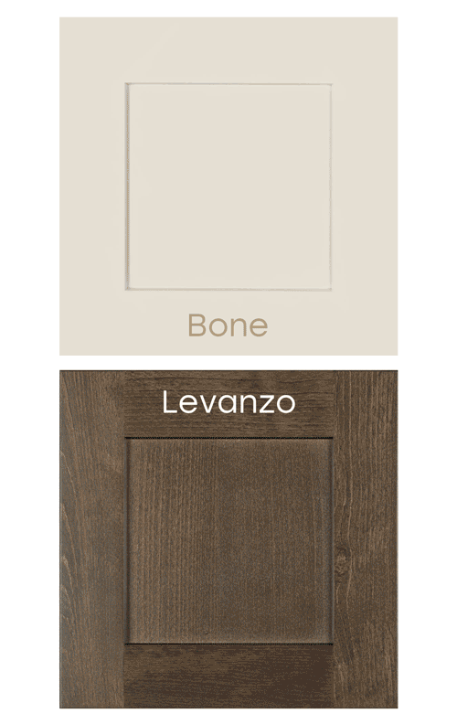 Bone creamy white upper cabinet and levanzo stained base cabinet