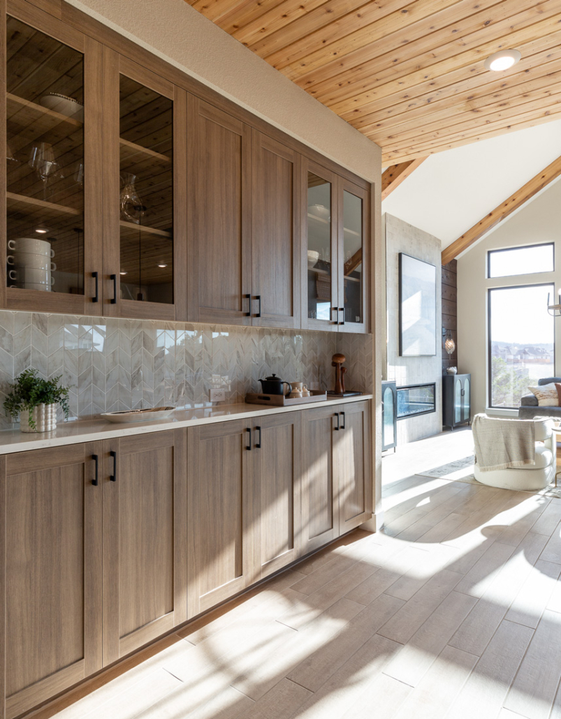 Buffet hutch in Reveur EVRGRN woodgrain with glass doors knotty wood shiplap ceiling