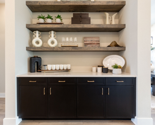 Built in buffet cabinets in Breu black paint with Slim Shaker doors and floating shelves above