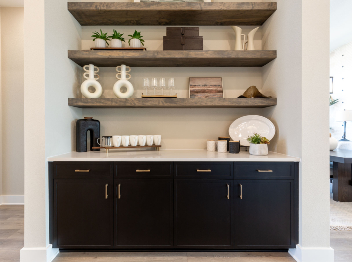 Built in buffet cabinets in Breu black paint with Slim Shaker doors and floating shelves above