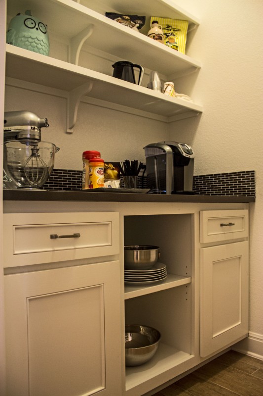 Burrows Cabinets' butler's pantry with Kensington doors and open shelves