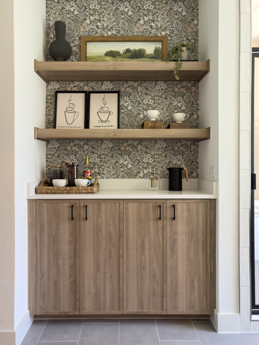 Bathroom coffee bar in Roxen with Slim Shaker cabinet doors and floating shelves