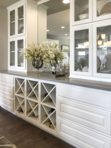 dining hutch with glass doors and big x wine and storage racks in Frost white