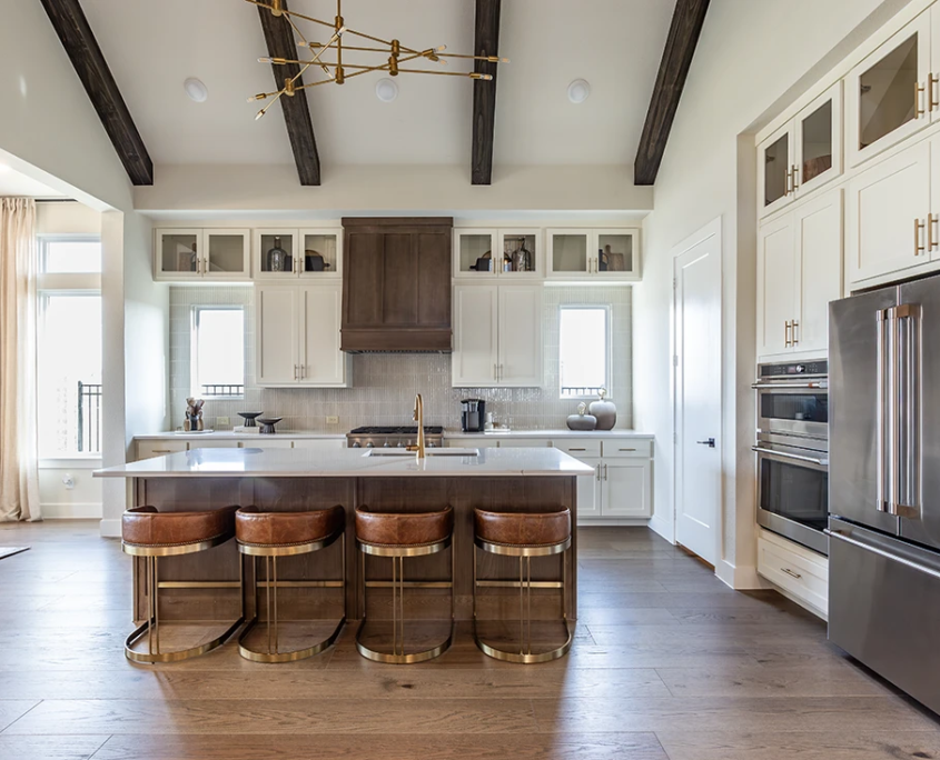 Kitchen with Beech Levanzo wrapped island, Artisan Vent Hood and Bone white perimeter cabinets