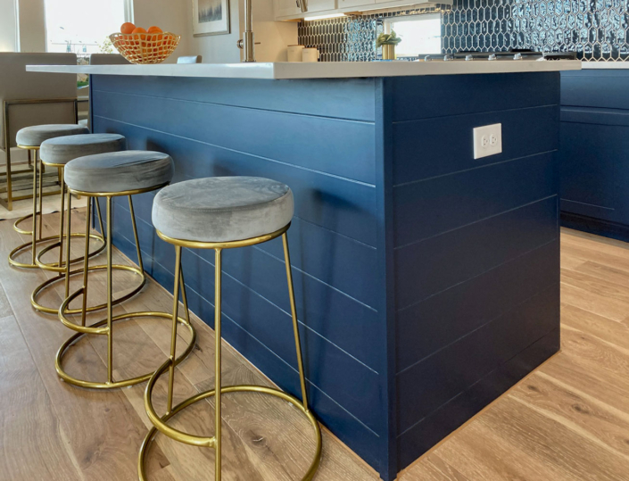 Kitchen island with Shiplap island back in Naval blue