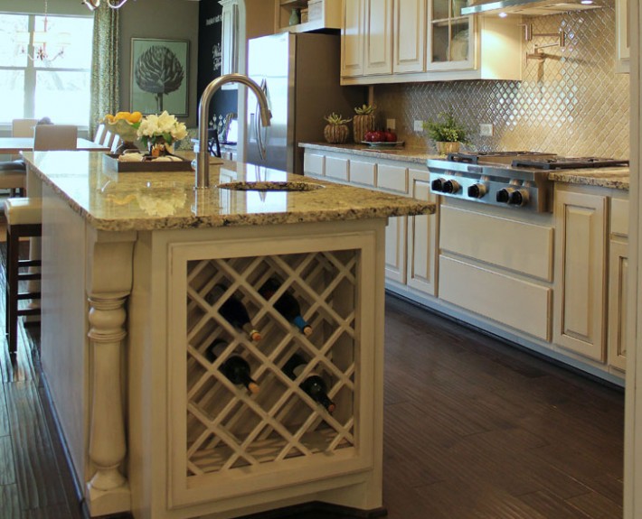 Burrows Cabinets kitchen island with lattice wine rack in bone with black glaze (C) 2014 Burrows Cabinets