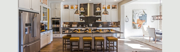 Kitchen with shaker cabinets and floating shelves