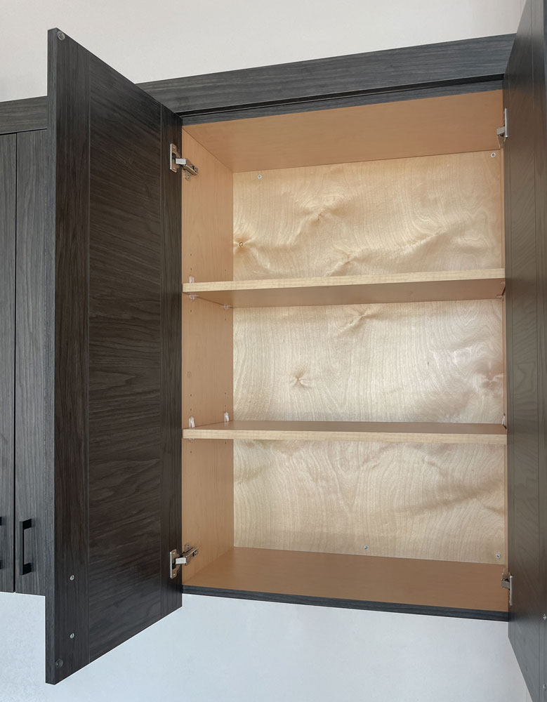 EVRGRN with Atlas Core open upper cabinet doors in Vattern
