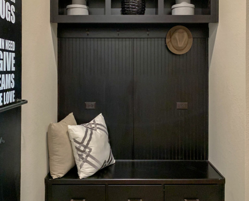 mud room built in storage cabinet by Burrows Cabinets in Beech Espresso