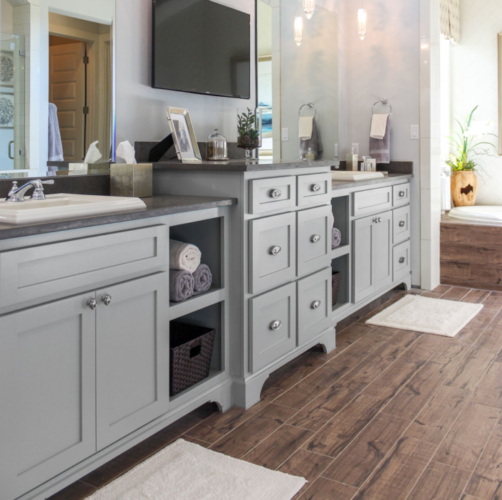 Primary bath cabinets Shaker grey