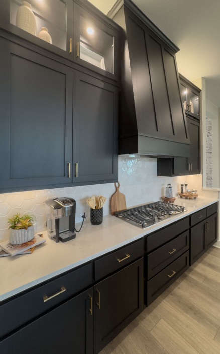 Kitchen cabinets with Breu black paint and gold hardware with Shaker vent hood