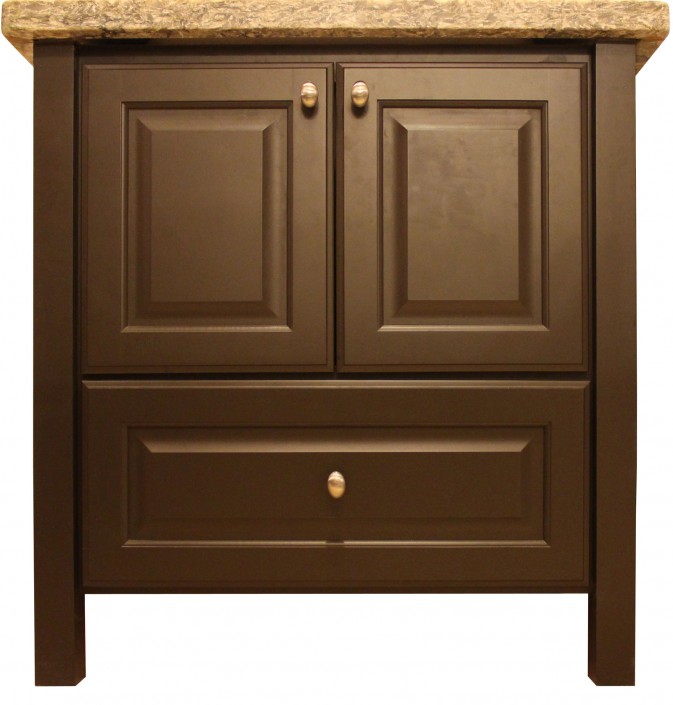 Burrows Cabinets' powder room vanity with square corner posts and bottom drawer