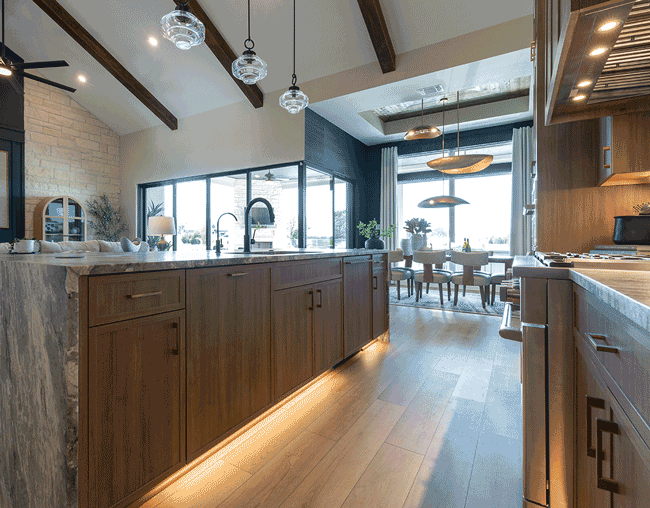 Woodgrain cabinets and painted cabinets paired in the same home